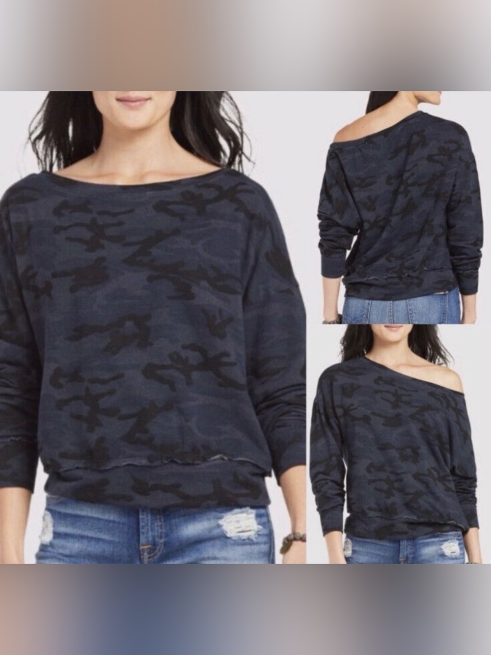 Sundry XL 4 Blue Black Camo Print Off Shoulder Cozy Pullover Sweatshirt Oversize